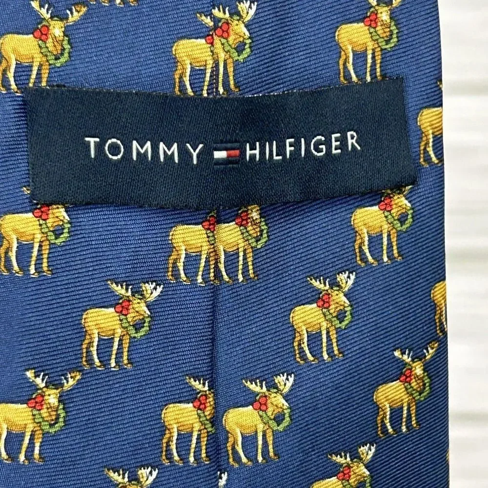 Tommy Hilfiger Blue Christmas Lights Moose Polka‎ Dot Tail Silk Classic Tie 58